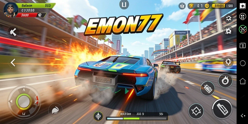 Tampilan gameplay balapan yang mendebarkan dan realistis di EMON77.