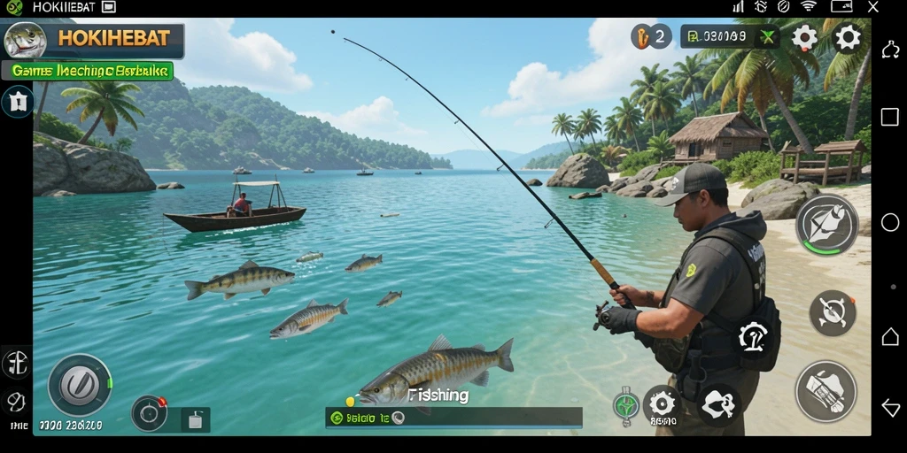 Tangkapan layar gameplay HOKIHEBAT yang menunjukkan aksi memancing seru.